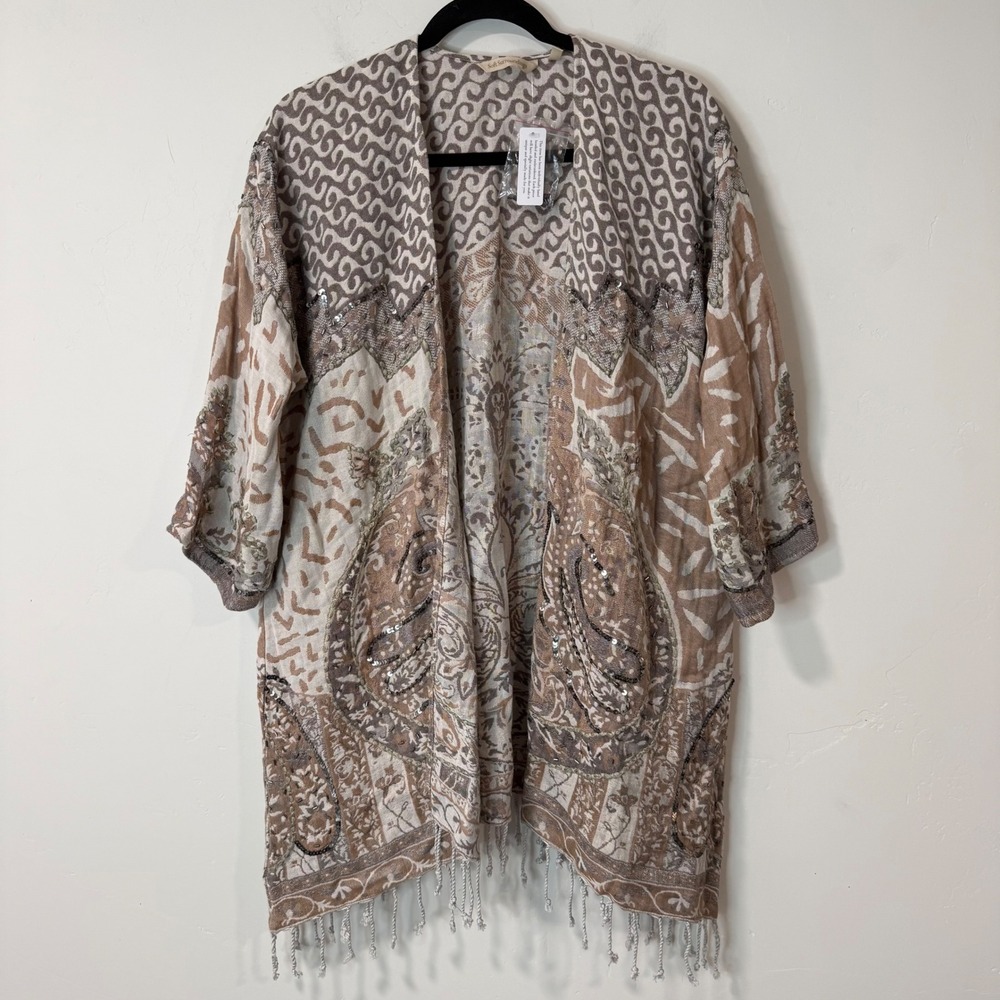 Soft Surroundings Chaucer Kimono Wrap S/M Tan Brown Paisley Sequin Beaded Fringe